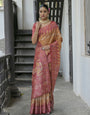 Persian Orange & Turkey Red Soft Tussar Silk Saree With Ikkat Printed Work