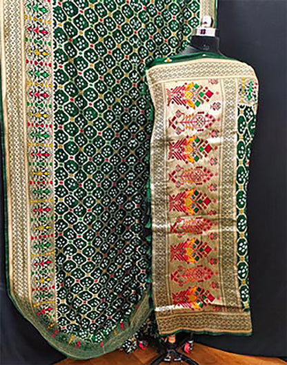 Dark Green Bandhani Silk Saree With Zari Weaving Work