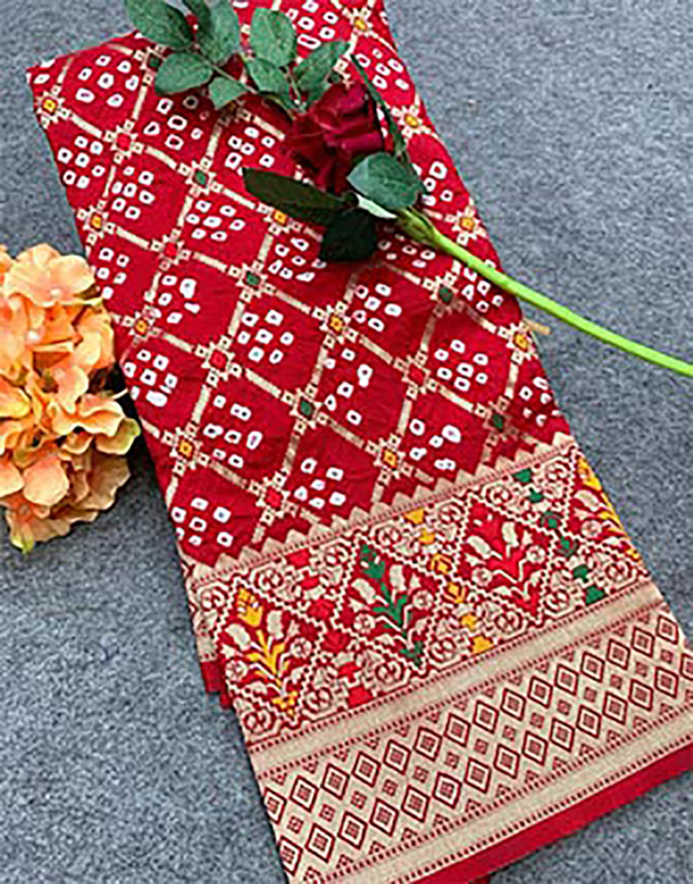 Red Bandhani Silk Saree With Zari Weaving Work
