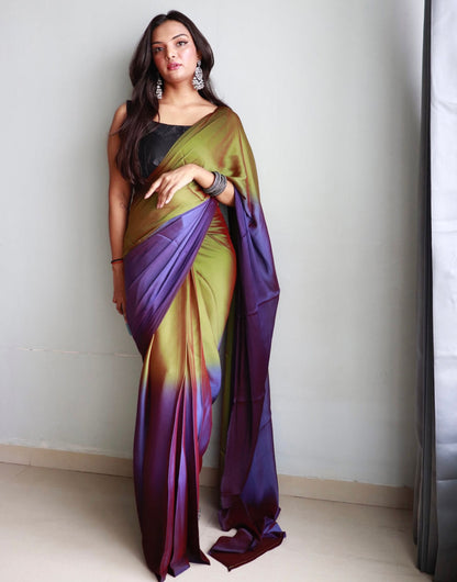 Olive Green & Purple Chiffon Silk Ready To Wear Saree