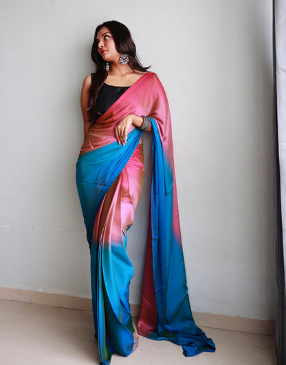 Pink & Firozi Chiffon Silk Ready To Wear Saree