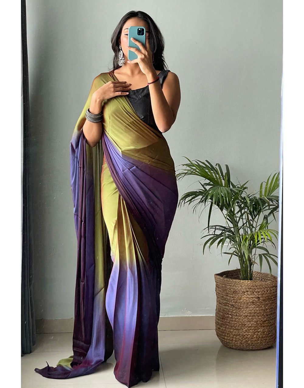 Olive Green & Purple Chiffon Silk Ready To Wear Saree