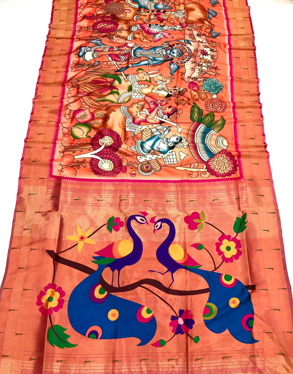 Orangee Kalamkari Paithani Saree With Zari Weaving Work