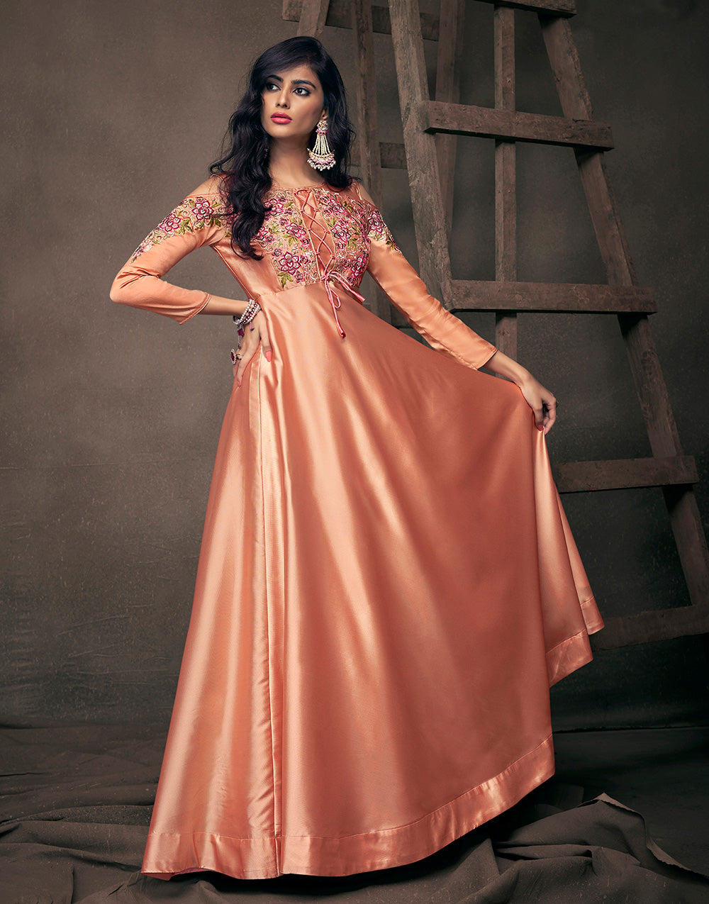 Peach Triva Satin Silk With Embroidered Work Gown