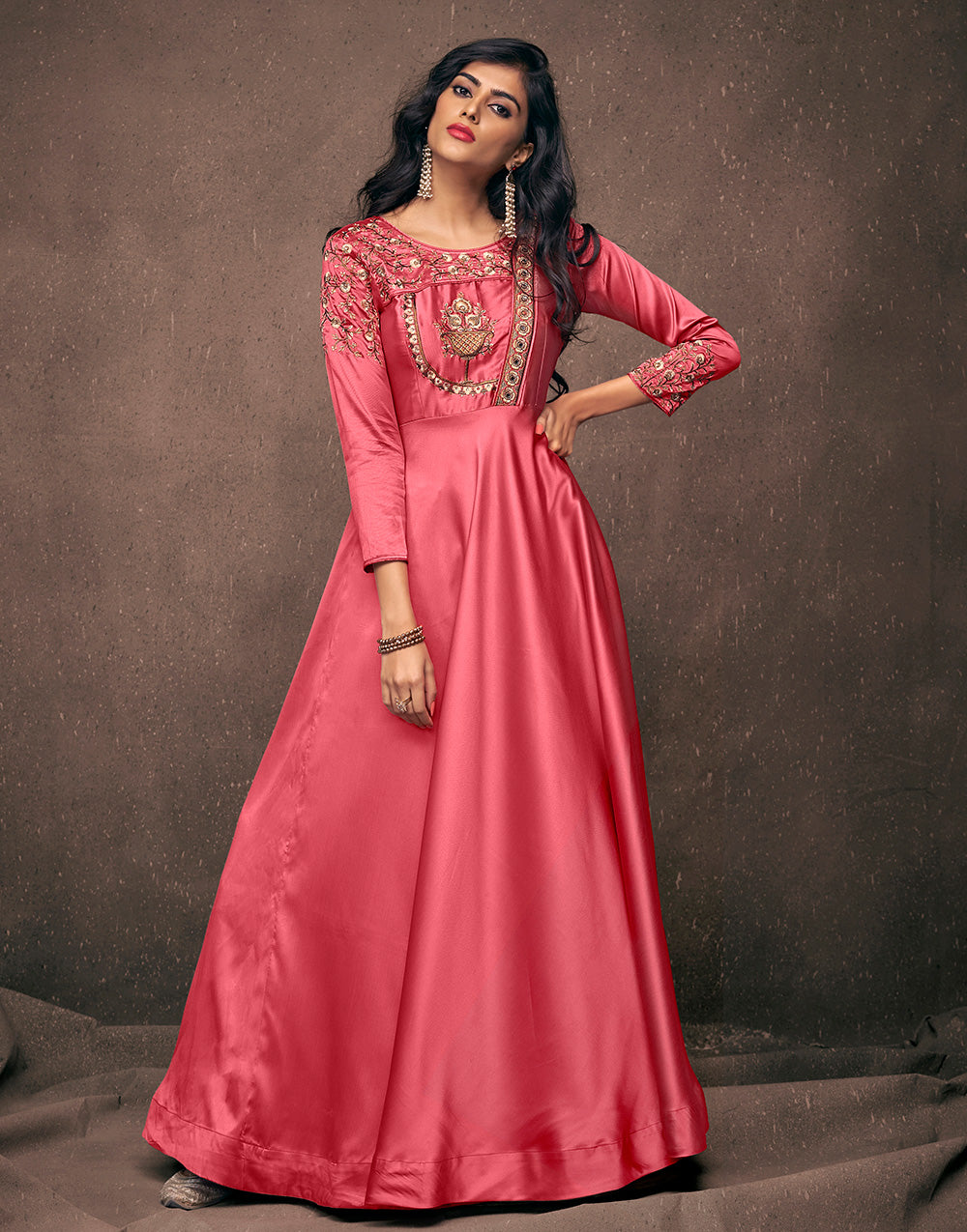 Pink Triva Satin Silk With Embroidered Work Gown