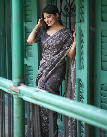 Grey Tussar Silk Saree With Embroidery Work