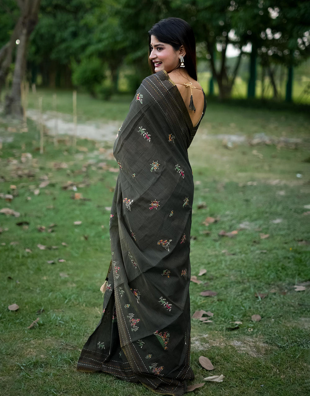 Shadow Grey Khadi Tussar Silk Saree With Thread Work