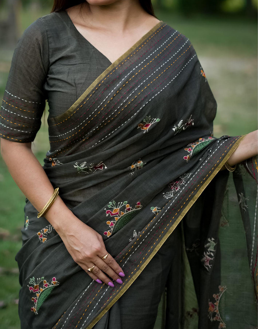 Shadow Grey Khadi Tussar Silk Saree With Thread Work