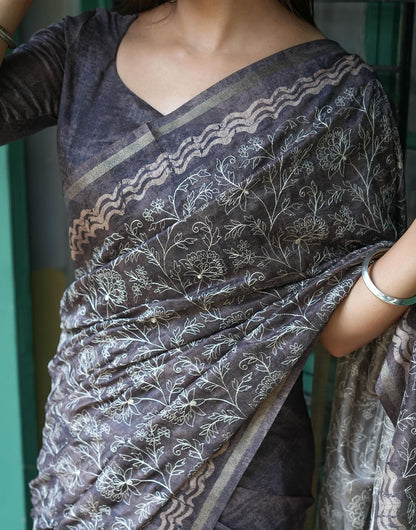 Grey Tussar Silk Saree With Embroidery Work