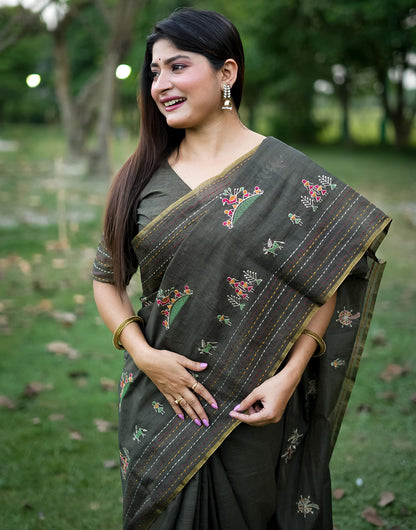 Shadow Grey Khadi Tussar Silk Saree With Thread Work