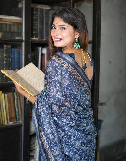 Blue Tussar Silk Saree With Embroidery Work