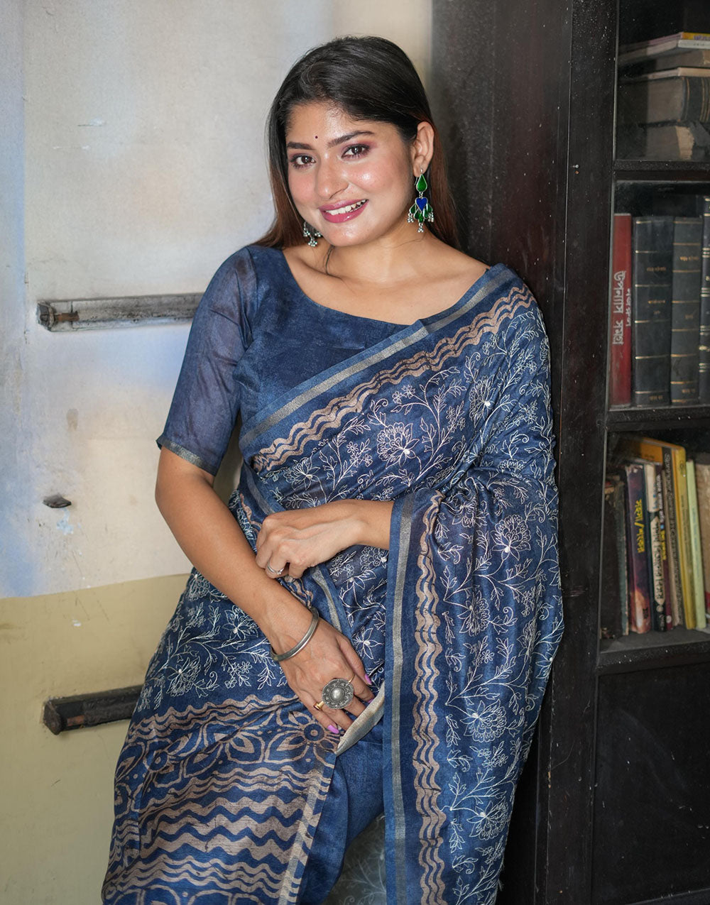 Blue Tussar Silk Saree With Embroidery Work