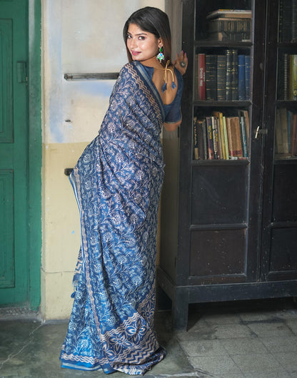 Blue Tussar Silk Saree With Embroidery Work