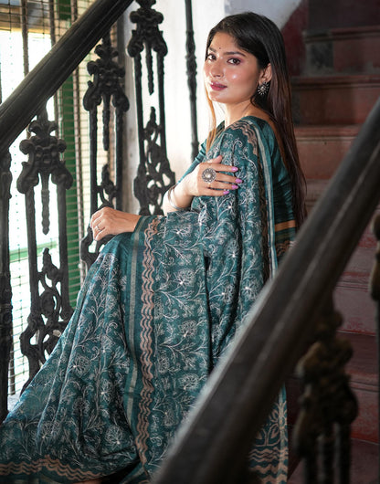 Teal Green Tussar Silk Saree With Embroidery Work