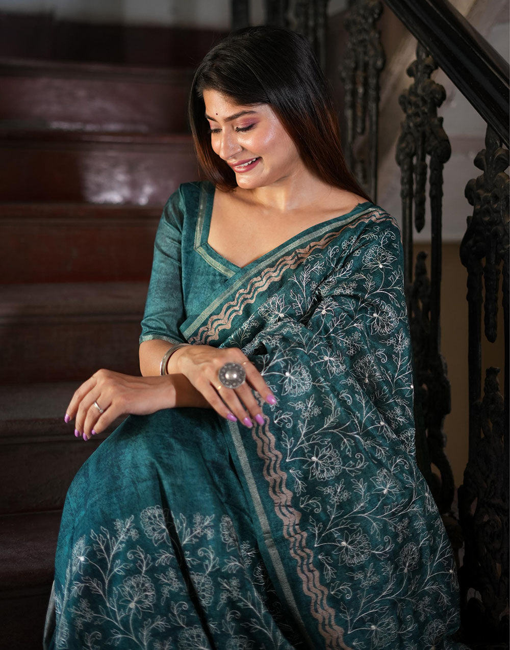 Teal Green Tussar Silk Saree With Embroidery Work