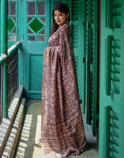 Light Brown Tussar Silk Saree With Embroidery Work