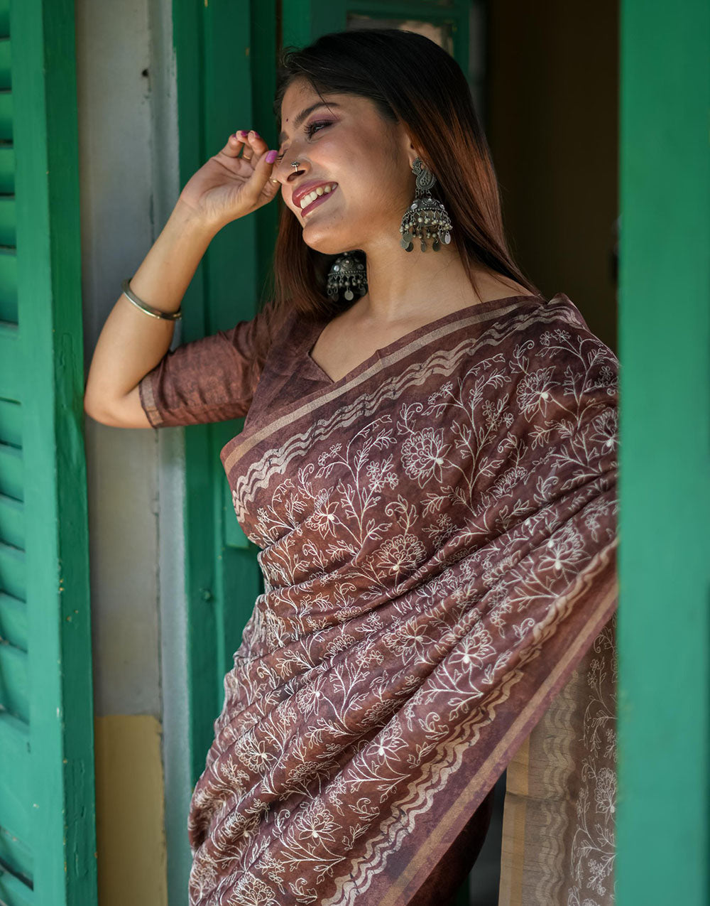 Light Brown Tussar Silk Saree With Embroidery Work