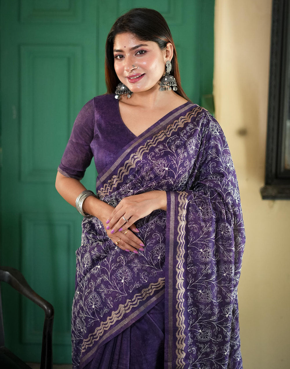 Purple Tussar Silk Saree With Embroidery Work