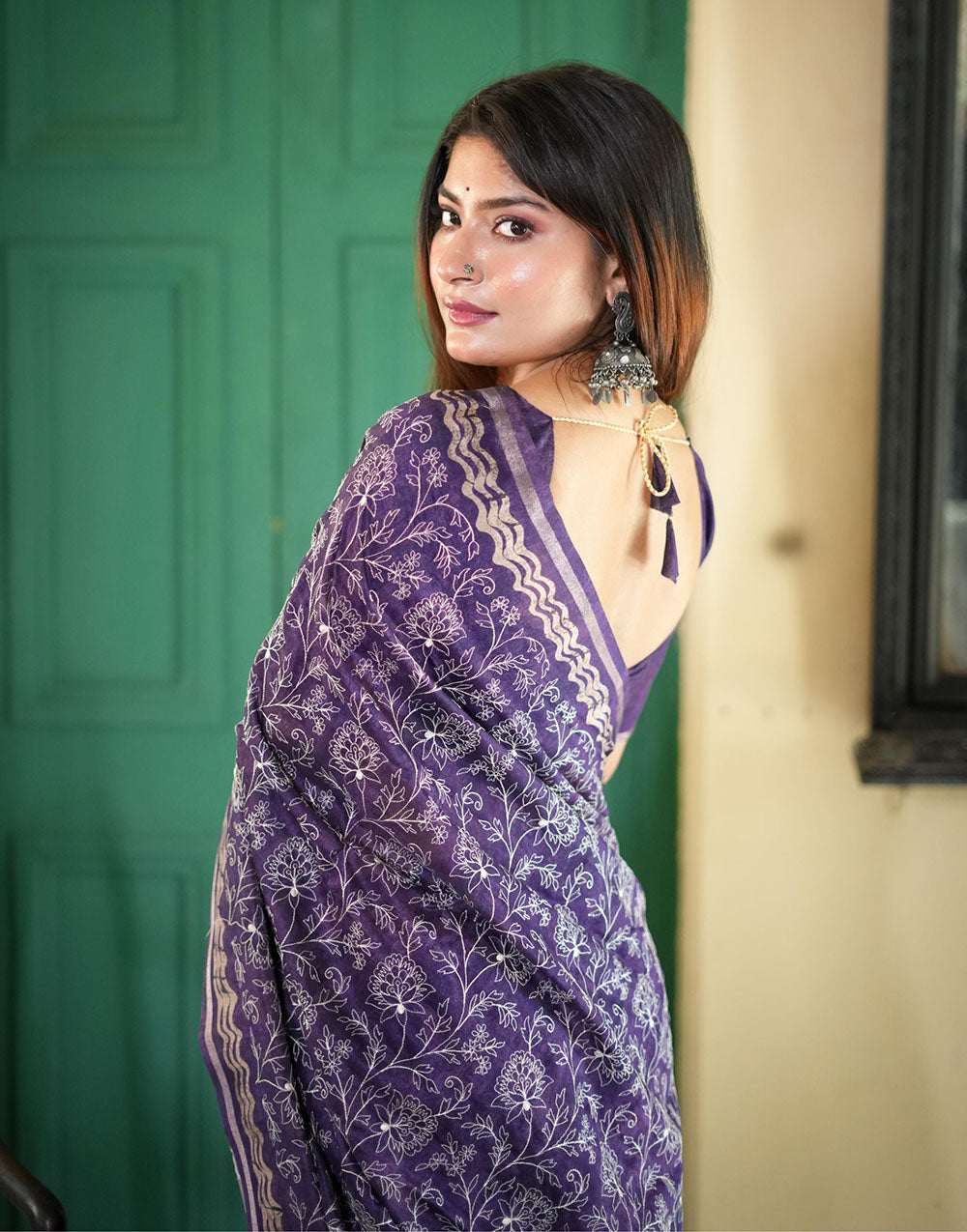 Purple Tussar Silk Saree With Embroidery Work