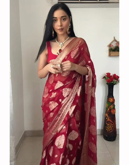 Red Cotton Silk Ready To Wear Saree