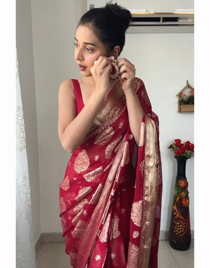 Red Cotton Silk Ready To Wear Saree