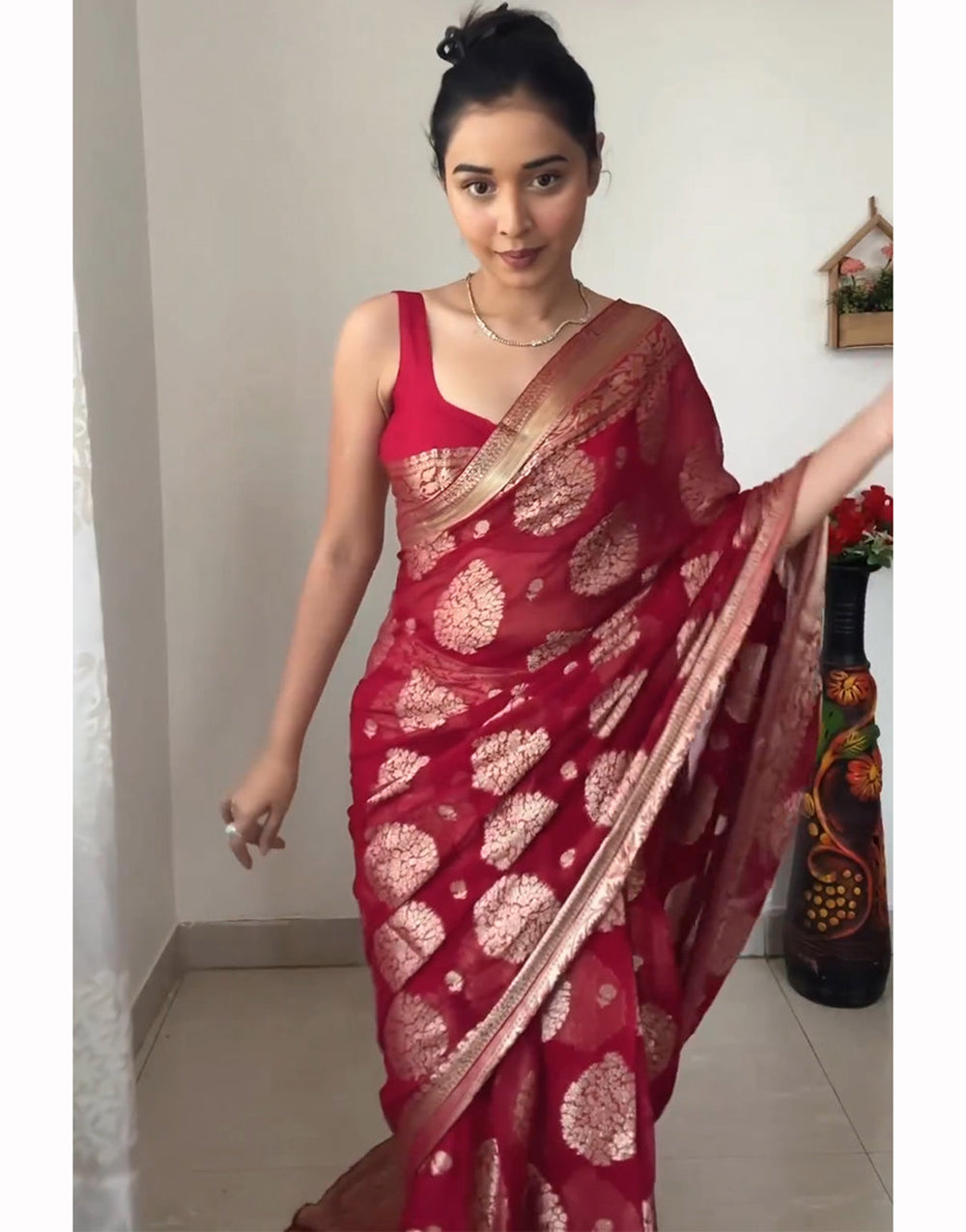 Red Cotton Silk Ready To Wear Saree