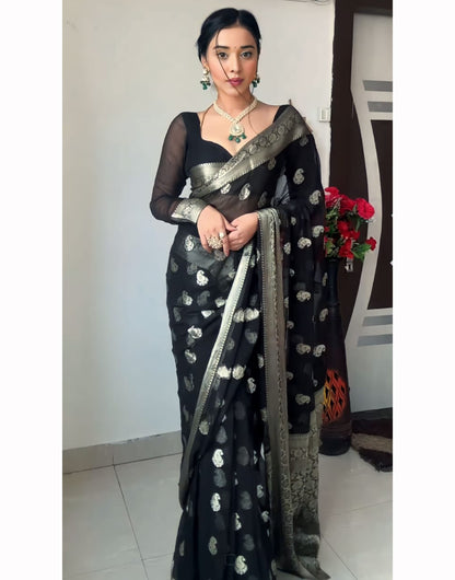 Black Cotton Silk Ready To Wear Saree