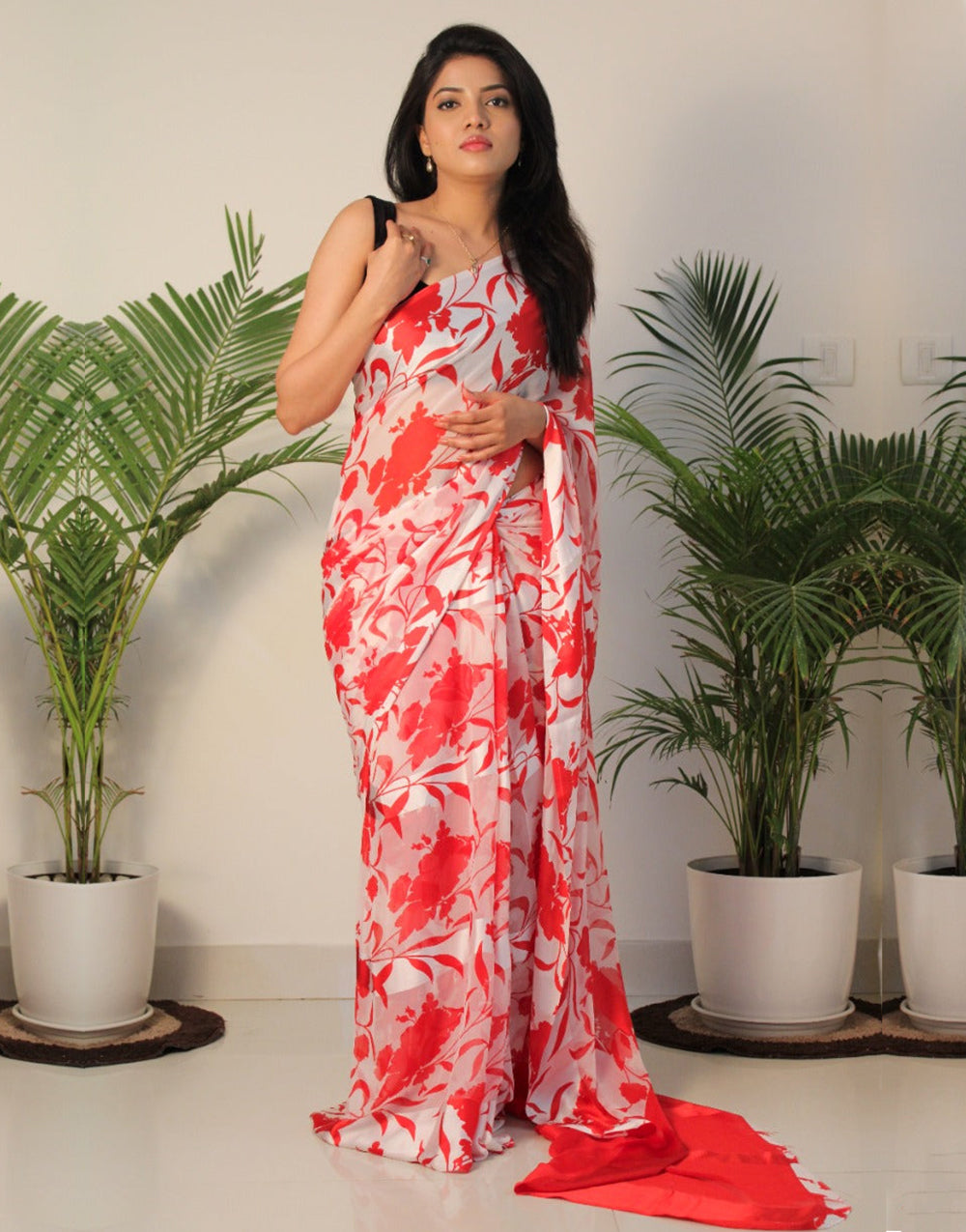 Red & White Georgette Printed Saree With Satin Patta