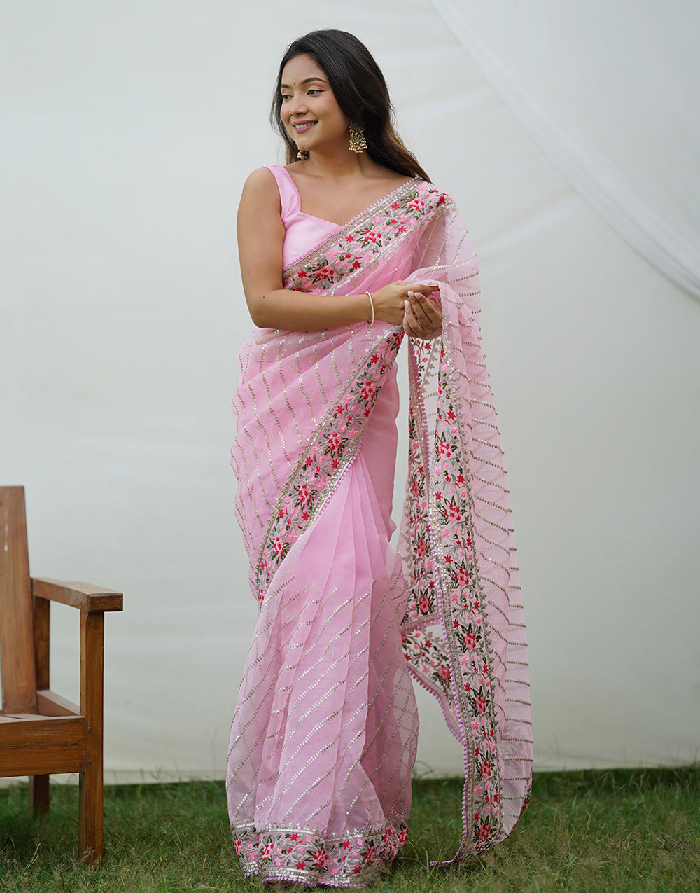 Pink Organza Saree With Sequence Embroidery & Lace Border