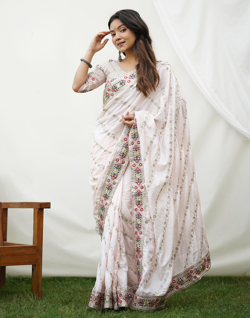 White Dola Silk Saree With Sequence & Embroidery Work