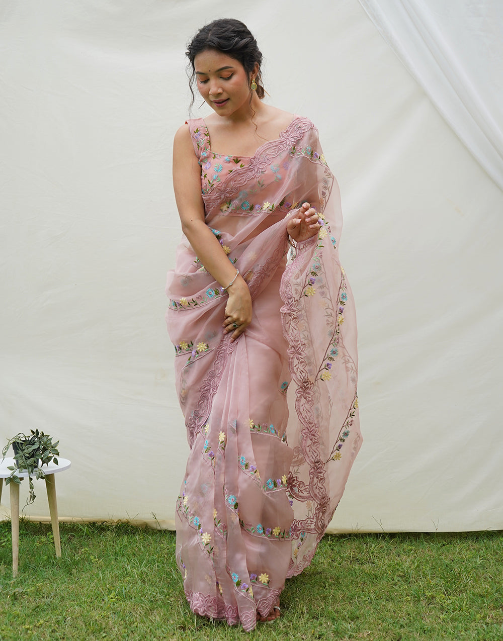 Crepe Pink Organza Saree With Embroidery Work