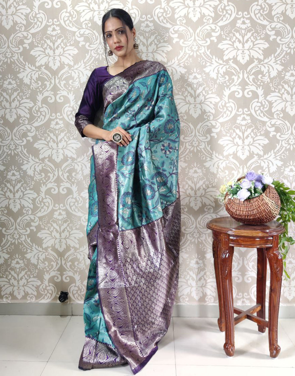 Teal Blue Banarasi Silk Zari Weaving Ready To Wear Saree