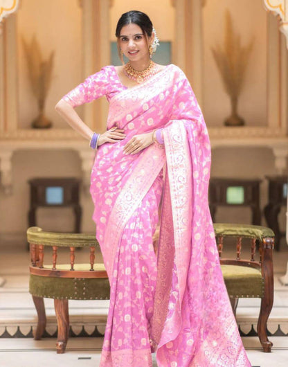 Hot Pink Banarasi Silk Saree With Zari Weaving Work