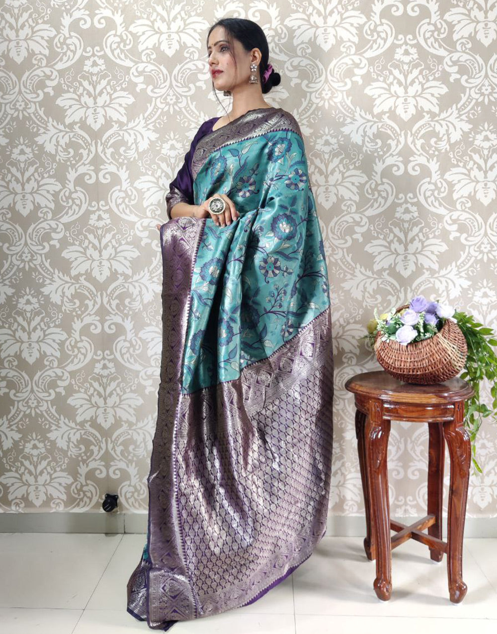 Teal Blue Banarasi Silk Zari Weaving Ready To Wear Saree