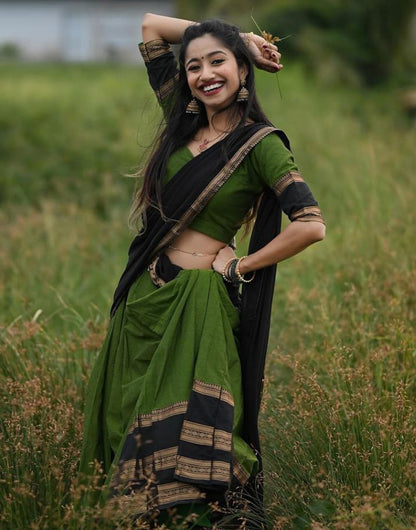 Green & Black Silk With Zari Weaving Lehenga Choli