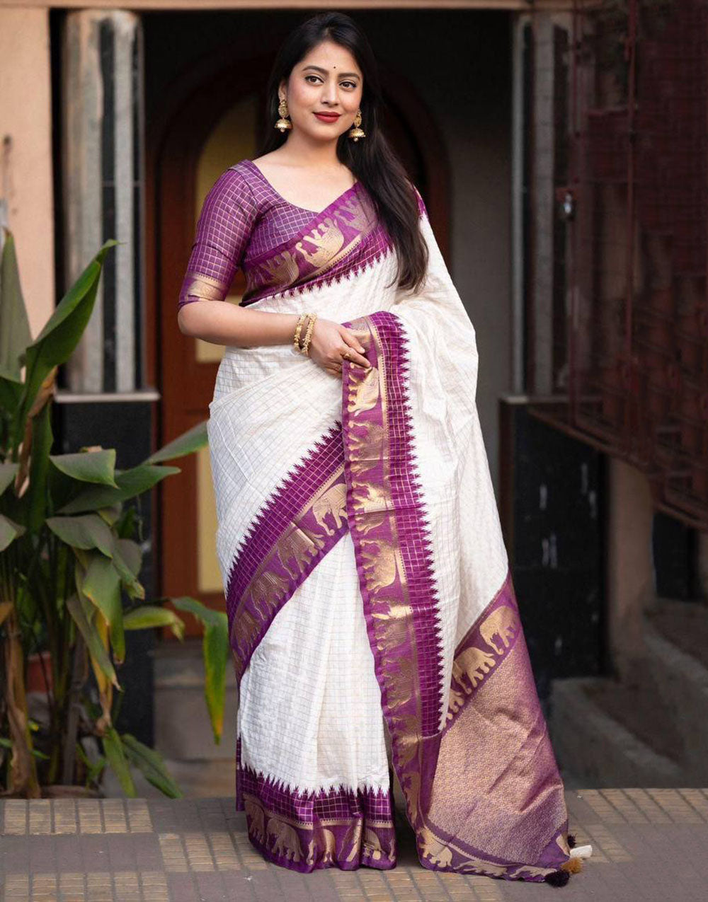 White And Purple Soft Lichi Silk Jacquard Work Saree