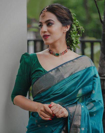 Teal Green Soft Linen Silk Saree With Zari Weaving Work