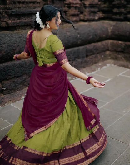 Pickle Green & Dark Magenta Silk With Zari Weaving Lehenga Choli