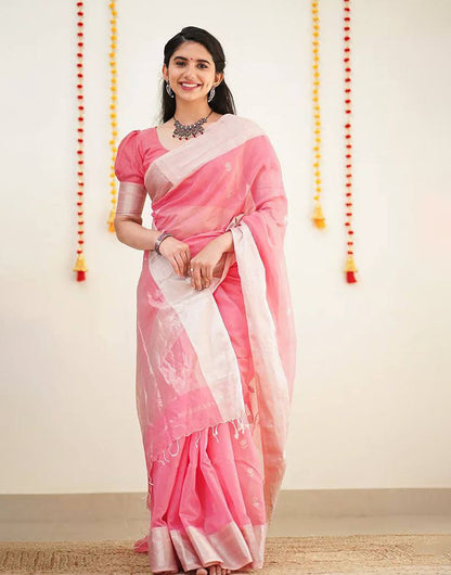 Rose Pink Designer Soft Linen Saree With Weaving Work