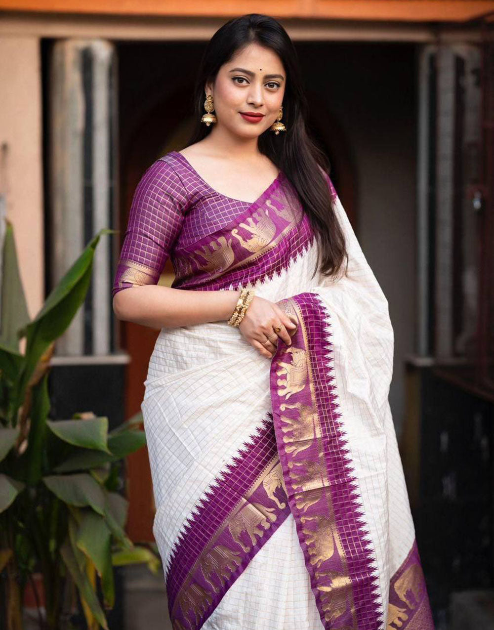 White And Purple Soft Lichi Silk Jacquard Work Saree