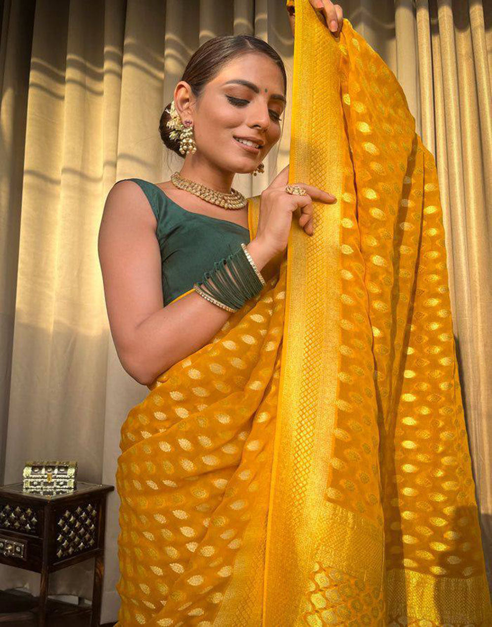 Yellow Soft Lichi Silk Golden Zari Weaving Saree