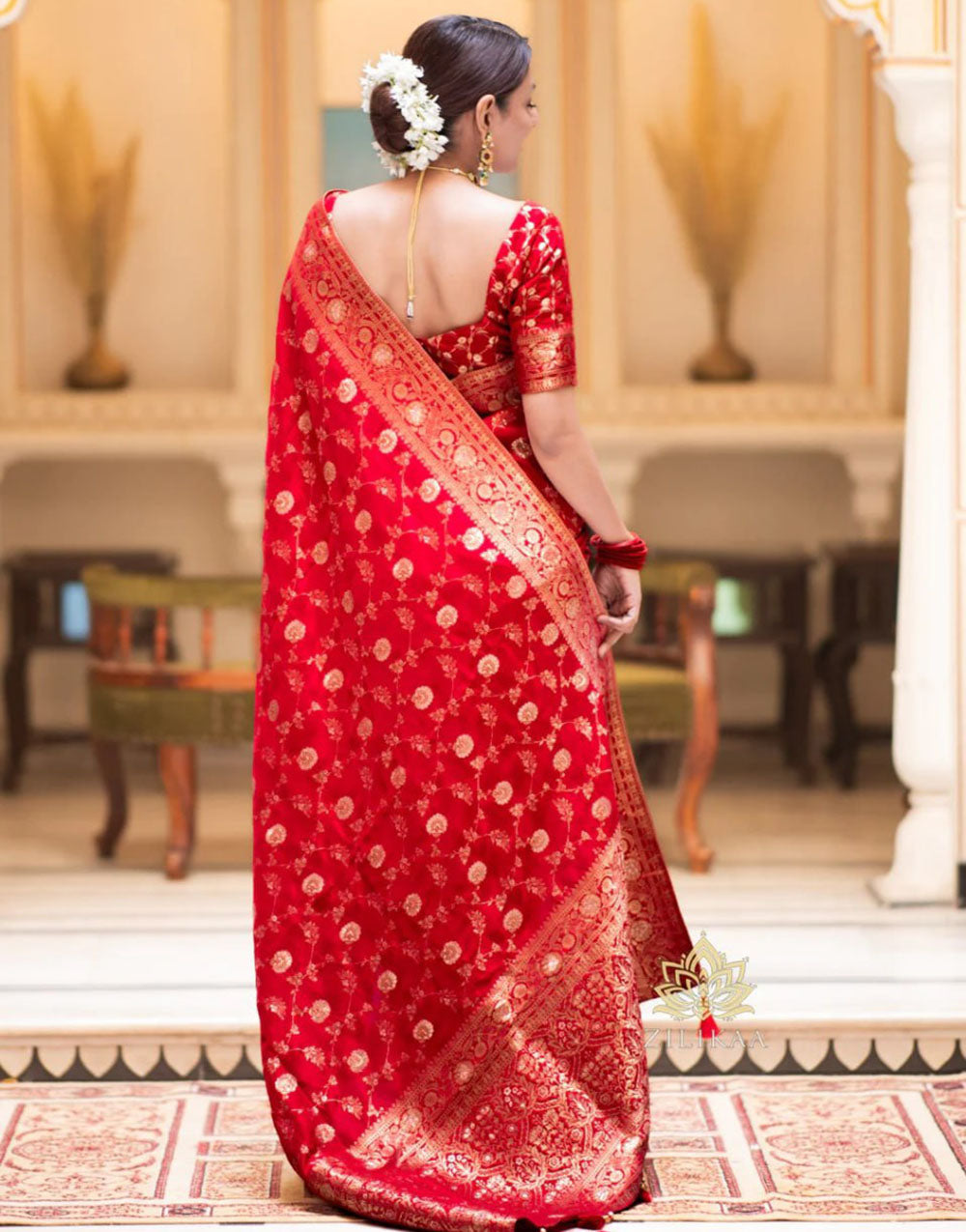 Red Banarasi Silk Saree With Zari Weaving Work