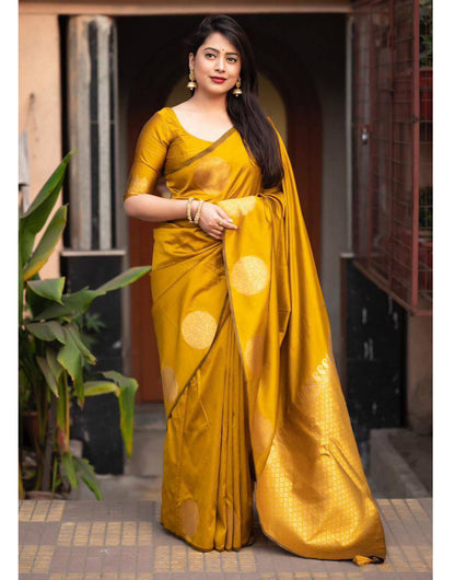 Bright Yellow Silk Saree With Zari Weaving Work