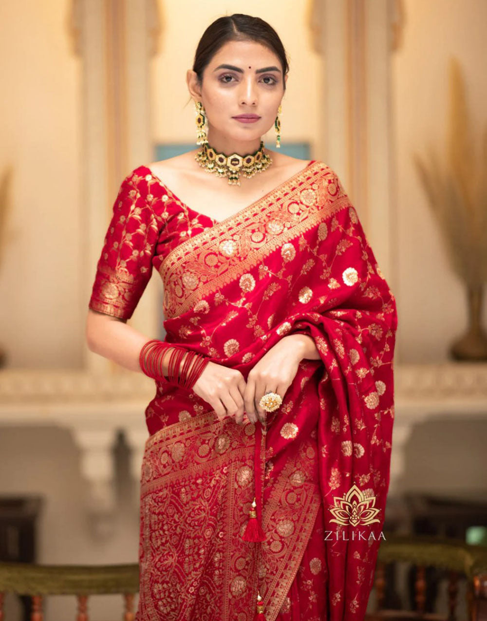 Red Banarasi Silk Saree With Zari Weaving Work