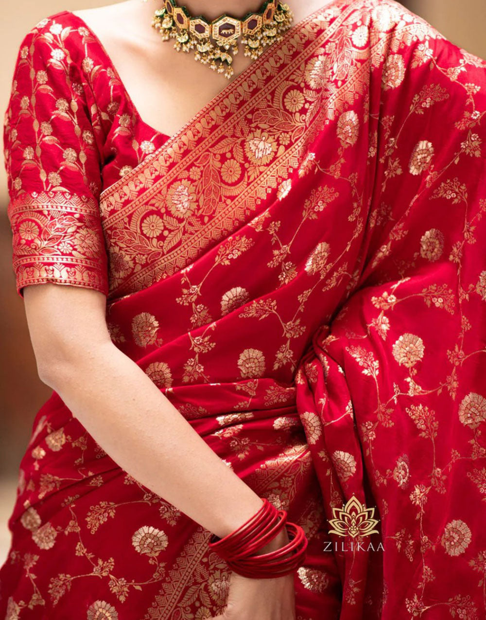 Red Banarasi Silk Saree With Zari Weaving Work