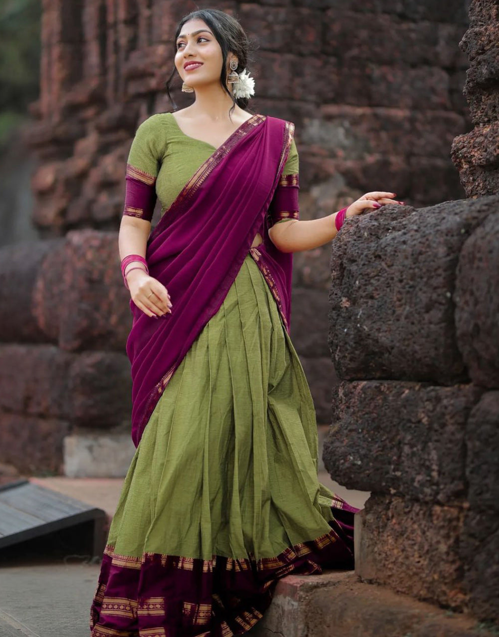 Pickle Green & Dark Magenta Silk With Zari Weaving Lehenga Choli