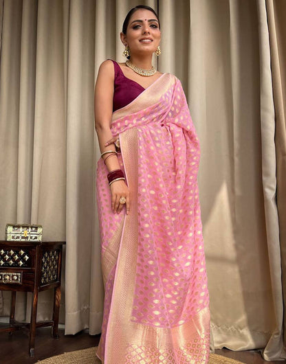 Rose Pink Soft Lichi Silk Golden Zari Weaving Saree