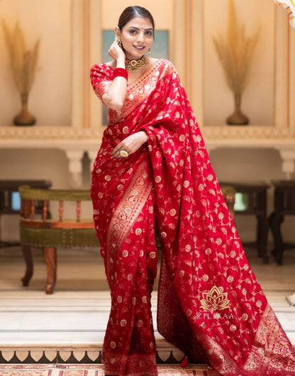 Red Banarasi Silk Saree With Zari Weaving Work