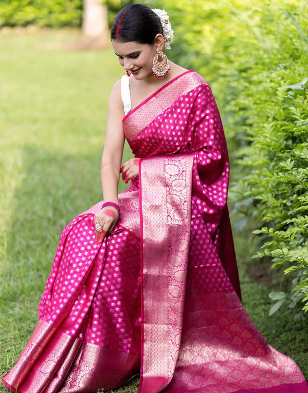 Rani Pink Banarasi Soft Silk Saree With Zari Weaving Work