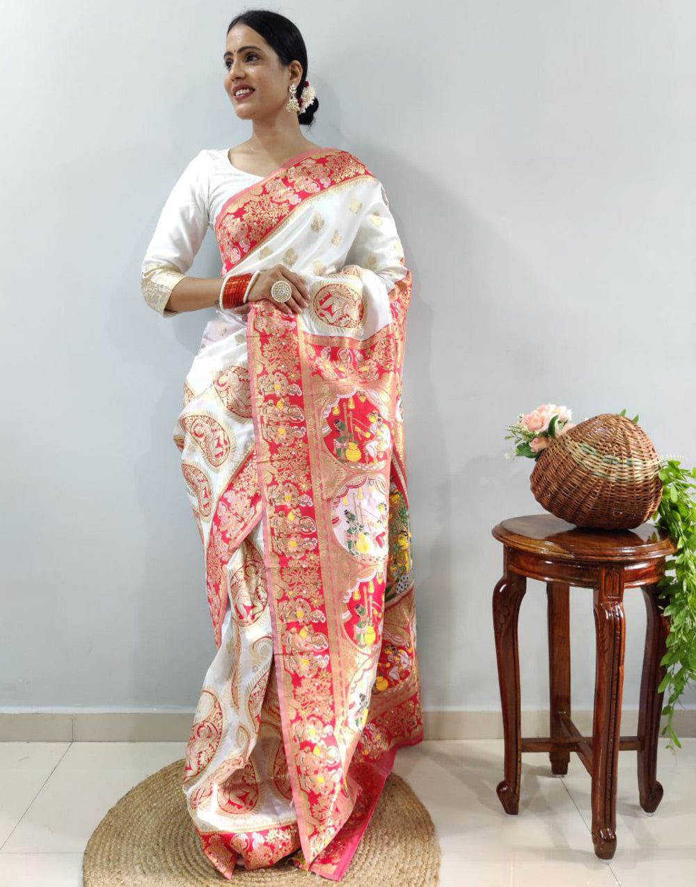 White Soft Banarasi Silk Ready To Wear Saree